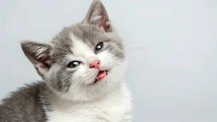Obraz premium Adorable Grey and White Kitten Showing Tongue, Close-Up