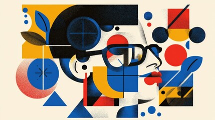 Obraz premium Abstract illustration of a woman with glasses, surrounded by geometric shapes and vibrant colors