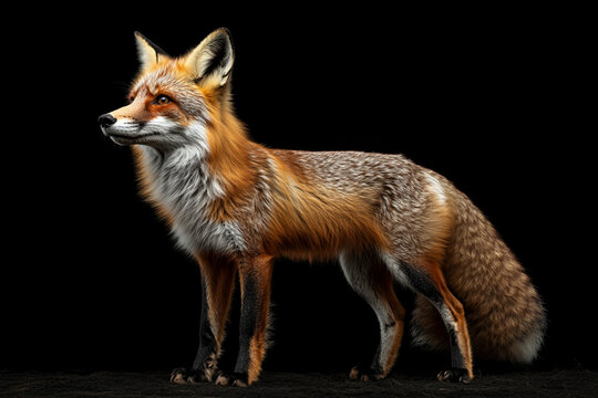 Fox standing on a black background. Animal side portrait.