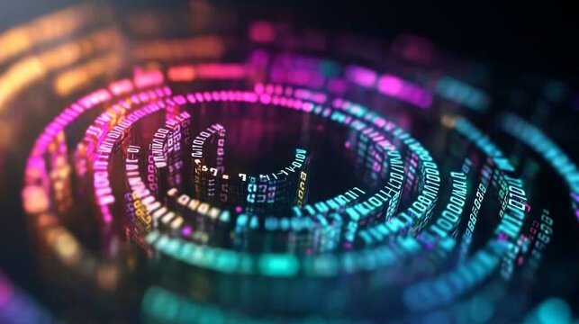 Futuristic abstract vortex of colorful binary code in data flow visualization