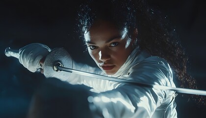 Young female fencer poised with foil ready to strike