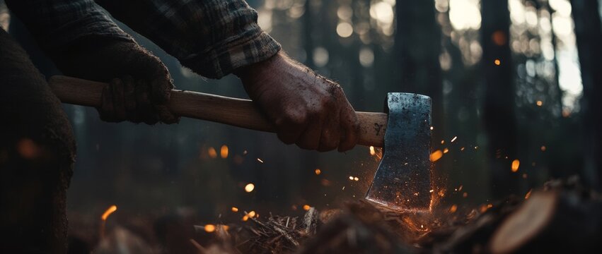 Logging activity in a peaceful forest during sunset with an axe striking a fallen tree