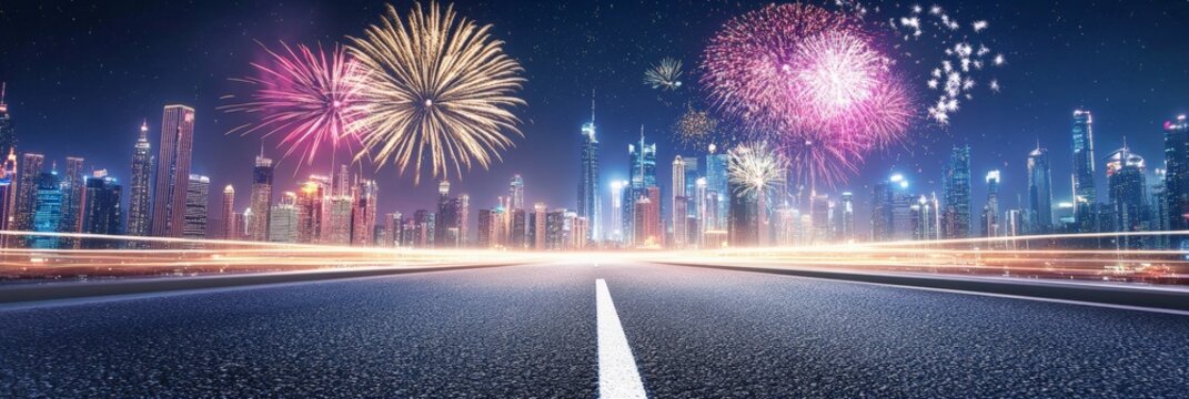 Colorful fireworks exploding over illuminated dubai skyline at night with light trails on the road leading to the city celebrating new year's eve or national day