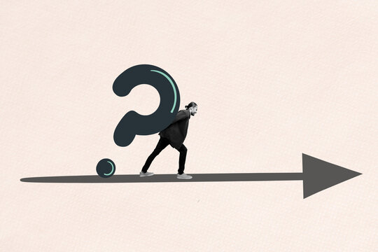 Composite poster trend art collage of puzzled man carry big question mark arrow pointer path dilemma brainstorm choice decision