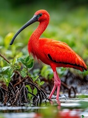 A striking red ibis with long legs and an elegant beak navigates through shallow waters surrounded by rich, green vegetation. The serene atmosphere captures a perfect moment in nature.