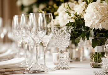 Elegant Table Setting with Crystal Glassware and Beautiful Floral Arrangement at a Wedding Reception in Soft Natural Lighting