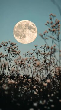 Low-angle shot of wildflowers silhouetted against a full moon, creating a serene, dreamy video scene with a tranquil, natural ambiance. Mobile wallpaper ratio.