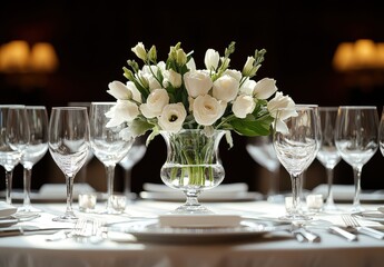Elegant table setting with white floral centerpiece and crystal glassware in a beautifully arranged dining space for a sophisticated event