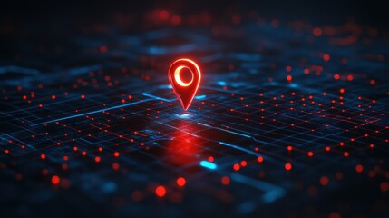 Glowing red location pin on a digital grid. Illustrates GPS tracking, location services, or digital mapping.