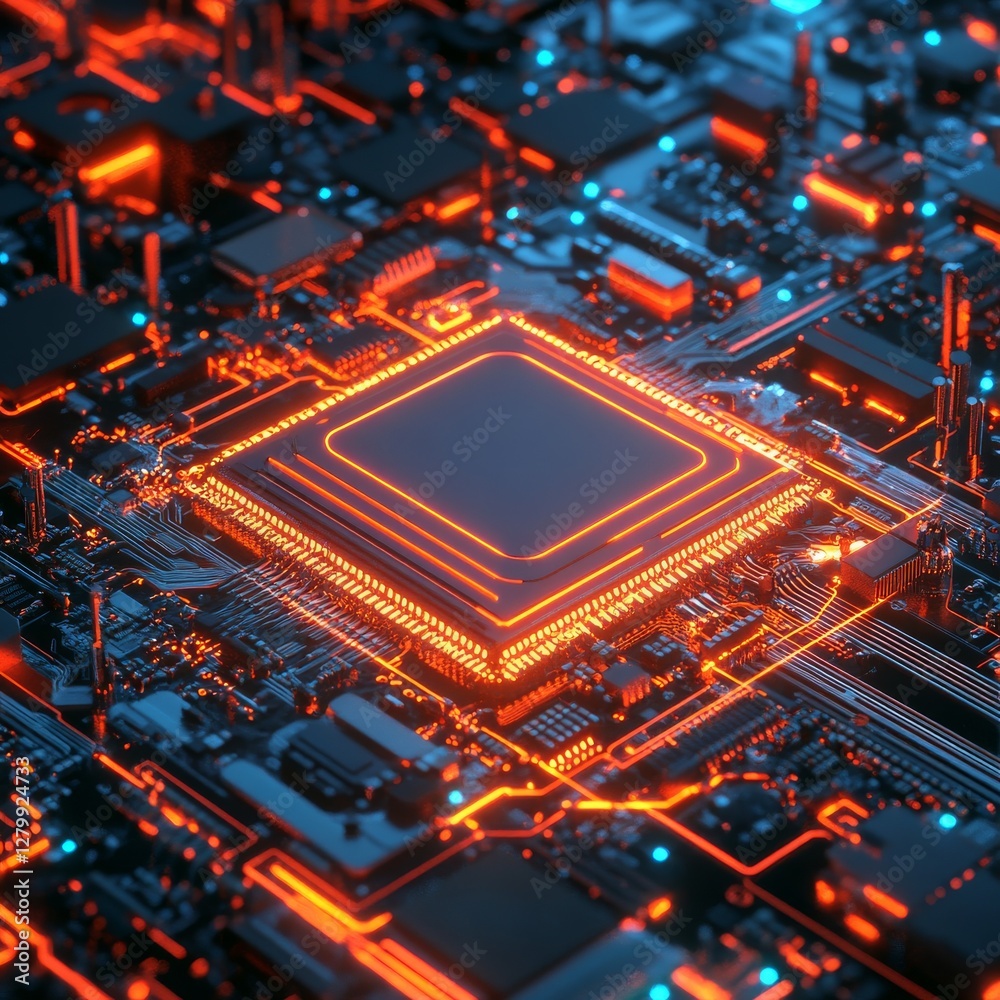 Poster Futuristic Circuit Board: Glowing Red Paths Connecting a Central Processor Unit with Cool Blue Accents and Intricate Details.