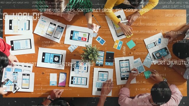 Top view of team brainstorming and looking tablet with coding program or engineering prompt. Group of marketing and creative people working together with programing system holographic. Convocation.