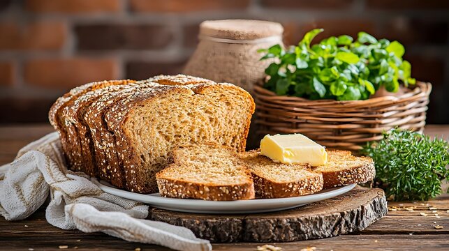 A plate of freshly sliced Irish barmbrack bread a traditional sweet fruit loaf placed on a rustic wooden surface and served with a pat of butter