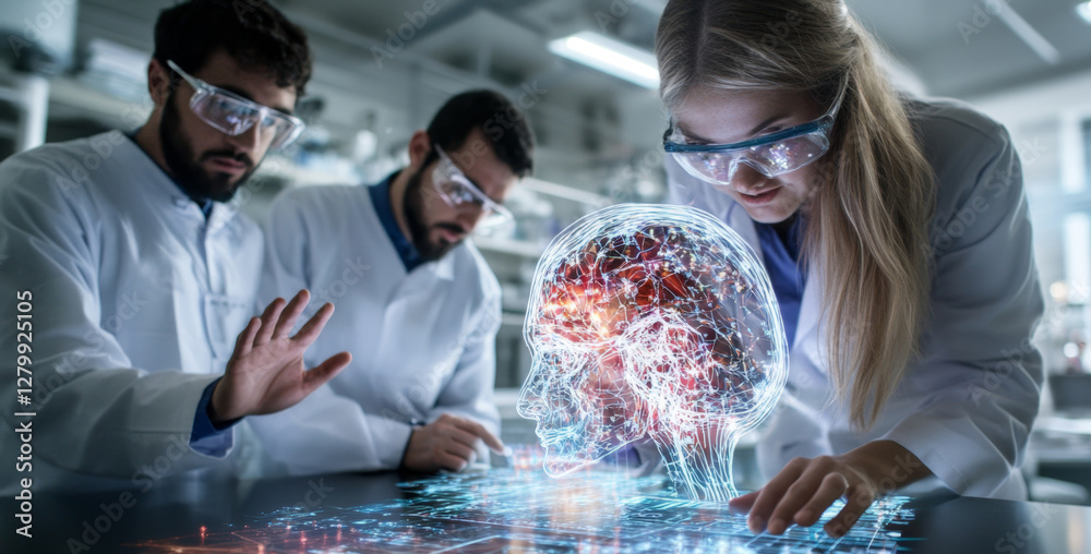 Poster interns in lab coats engage in an advanced medical project, examining a 3d holographic representatio