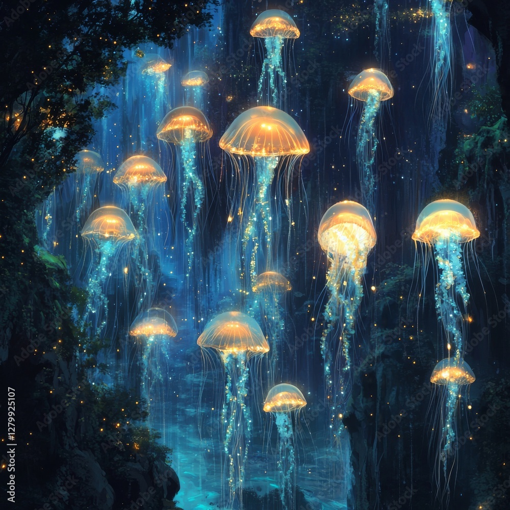 Poster luminous jellyfish forest: a magical underwater scene with glowing lights and sparkling depths of th