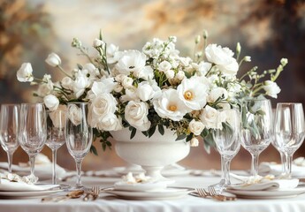Elegant White Floral Arrangement Centerpiece with Glassware on Dining Table for Romantic Occasions, Weddings, and Special Celebrations