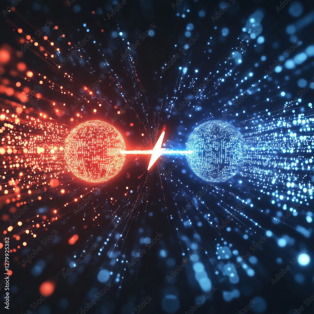 Poster red vs blue: a digital clash of light and energy with spheres and lightning bolt on a dark backdrop.