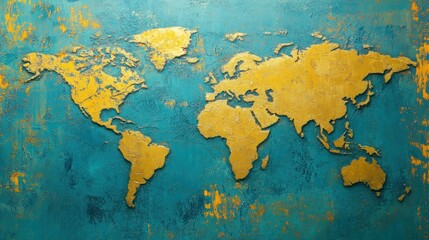 Golden World Map on Teal Background: A Global Exploration