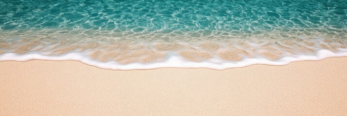 Obraz premium Soft ocean waves gently washing onto a pristine sandy beach, creating a tranquil and idyllic tropical paradise, inviting relaxation under the warm sun and clear blue skies