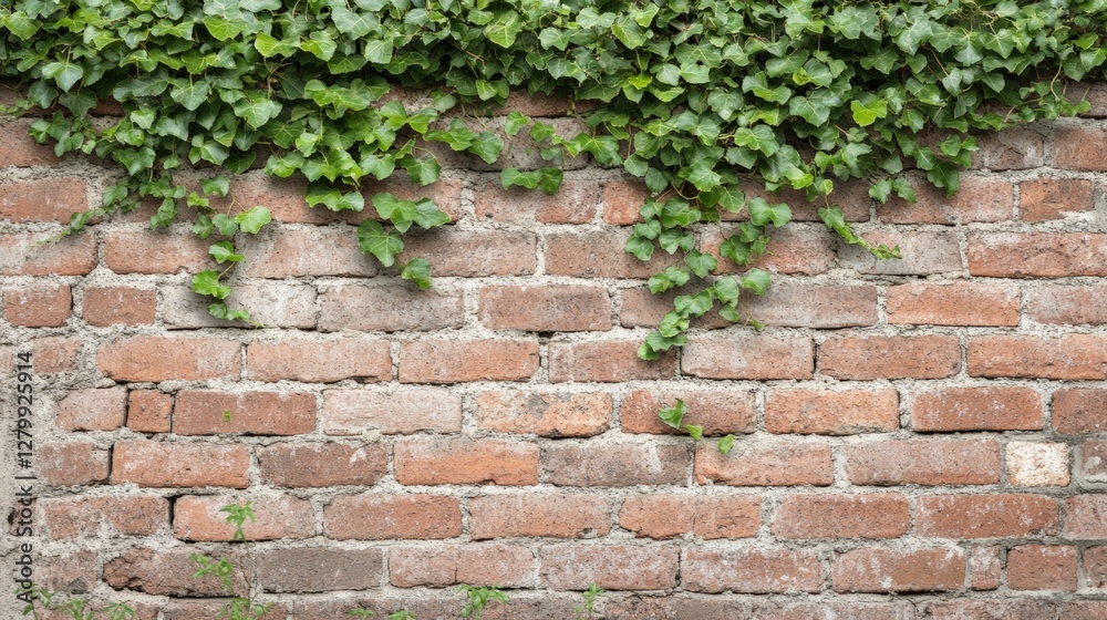 Poster green ivy is hanging and growing on an old and weathered brick wall, creating a beautiful contrast b