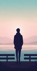Fototapeta premium Silhouette of a Person Standing by the Water During Sunset in a Calming Aesthetic Landscape. Generative AI