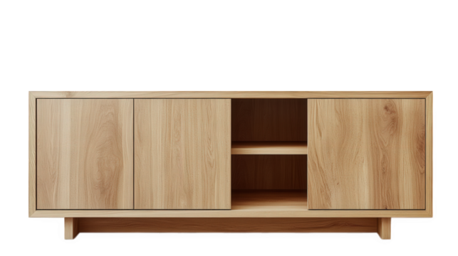 modern wooden sideboard with a minimalist design. showcasing natural wood grain and a light finish the sideboard has two closed compartments and an open shelf. making it suitable for storage and displ