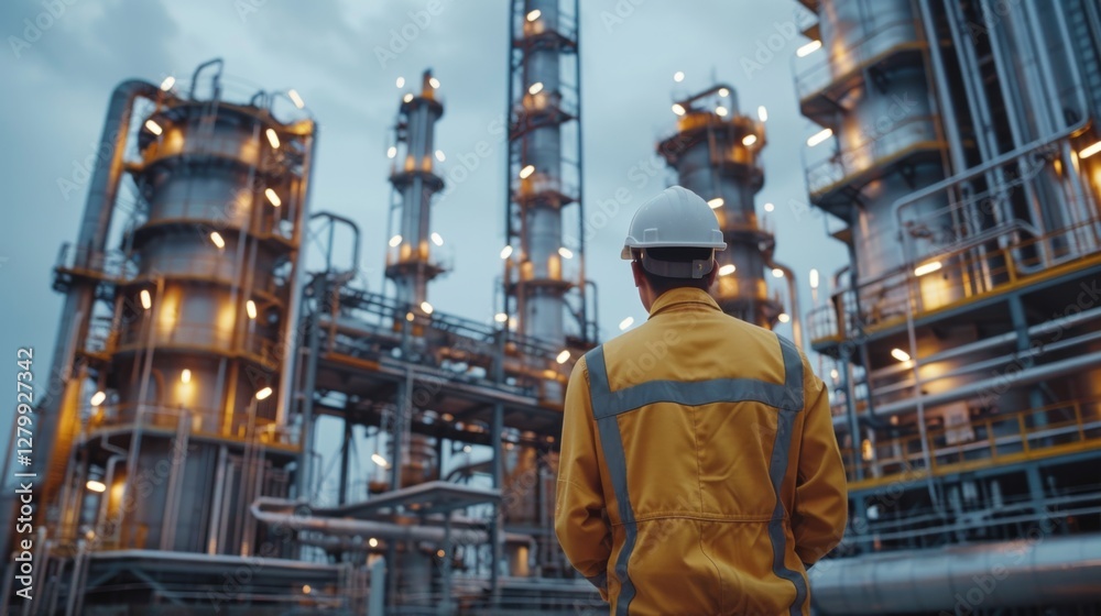 Aufkleber a worker in a yellow jacket and hard hat stands in front of towering industrial equipment at dusk. t