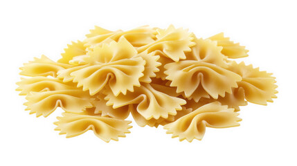 a pile of uncooked farfalle pasta. showcasing its distinctive bow-tie shape. ideal for various dishes like salads. casseroles. or traditional italian recipes the pasta is arranged neatly against a whi