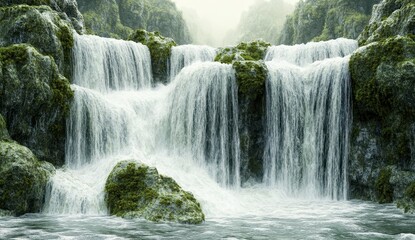 Fototapeta premium Misty Waterfall Cascading Over Mossy Rocks in Lush Green Setting