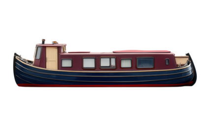 narrowboat. showcasing a traditional design with a burgundy and navy color scheme the boat is streamlined and has a cabin. windows. and a distinctive bow. indicating its purpose for leisure travel on