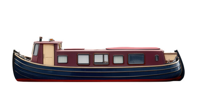 narrowboat. showcasing a traditional design with a burgundy and navy color scheme the boat is streamlined and has a cabin. windows. and a distinctive bow. indicating its purpose for leisure travel on