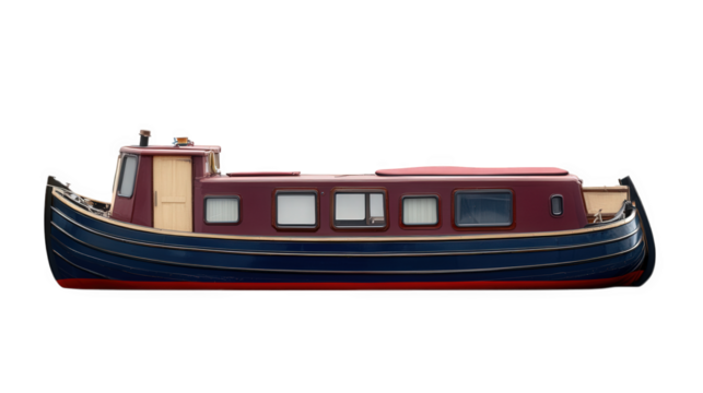 narrowboat. showcasing a traditional design with a burgundy and navy color scheme the boat is streamlined and has a cabin. windows. and a distinctive bow. indicating its purpose for leisure travel on