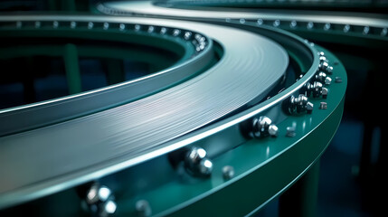 Curved Metal Conveyor Belt with Ball Bearings on Blue Background