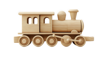 wooden toy train. showcasing a classic locomotive design with a rounded chimney. windows. and wheels the train is crafted from light-colored wood. emphasizing a natural aesthetic. making it an appeali