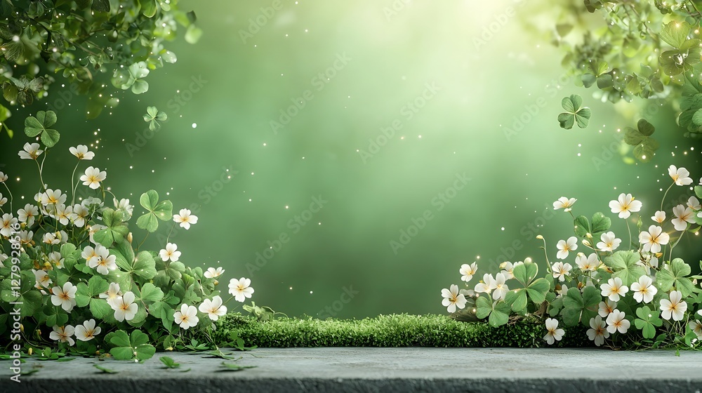 Poster a photograph of a sparkling emerald background with a subtle texture featuring softly glowing clover