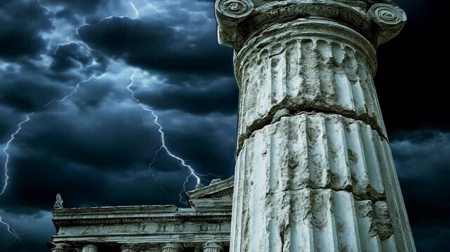 Historic column stands tall against a dramatic stormy sky with lightning illuminating the atmosphere