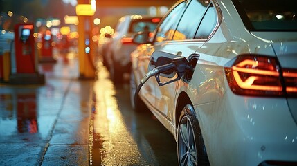 A car is being fueled up at a gas station
