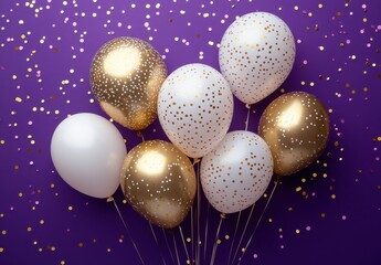 Festive balloons with gold and white decorations against a vibrant purple background, perfect for celebrations, parties, and special occasions, showcasing joy and festivity