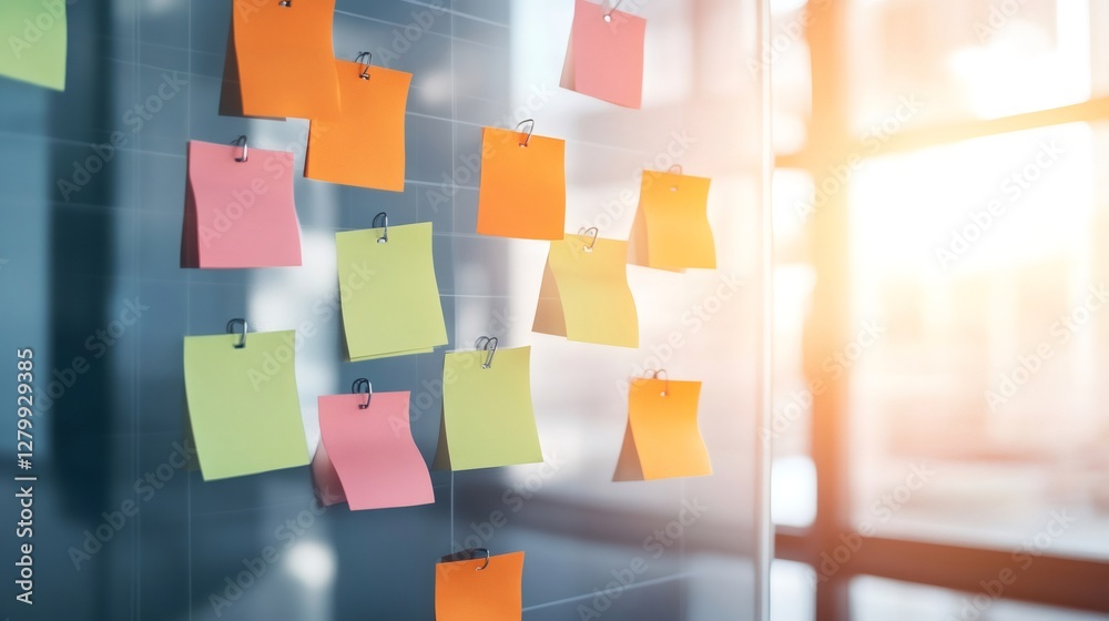 Poster collection of colorful sticky notes on a glass wall symbolizes multitasking and time management. the