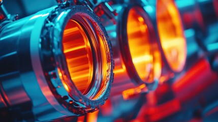 Close-up of industrial machinery with glowing components, showcasing advanced technology in a vibrant setting