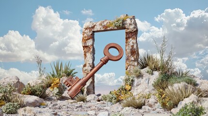 Fototapeta premium Surreal scene with a large key and stone archway in nature.