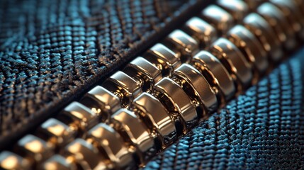 Close up view of a metallic zipper on dark fabric