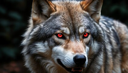 Close-up of Gray Wolf with Piercing Red Eyes in Dark Forest