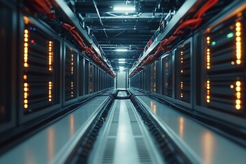 Server Room Corridor; Network Infrastructure; Technology;  Illuminated; Data Center
