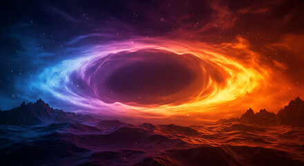 Obraz premium Cosmic Rift: Fiery Portal Against a Dual-Toned Landscape - A Dramatic Scene with a Swirling Vortex and Contrasting Warm and Cool Hues, Evoking a Sense of Power and Mystery
