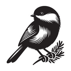Chickadee Bird Silhouette Vector Illustration, Solid White Background.