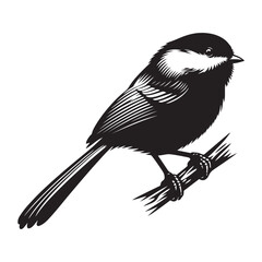 Chickadee Bird Silhouette Vector Illustration, Solid White Background.