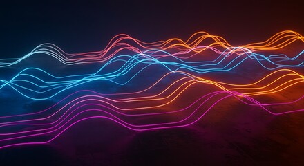 Obraz premium Abstract Wavy Lines with Neon Glow Effect in Blue Orange and Purple