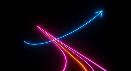 A vibrant, upward-pointing double arrow glows with red and blue light streaks against a black background, symbolizing growth and progress.