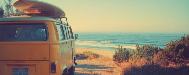 Vintage yellow van parked on the beach at sunset by the ocean in calm atmosphere