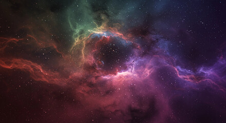 Obraz premium Chromatic Cosmos: Nebulous Clouds and Twisting Tendrils - A Vibrant Galaxy with Swirls of Red, Green, and Purple, Evoking the Majesty and Mystery of the Universe